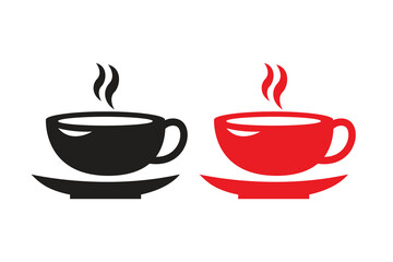 Tea cup, coffee cup silhouettes with white background and color versions vector illustration, Tea and coffee cup set icon, logo isolated on white background