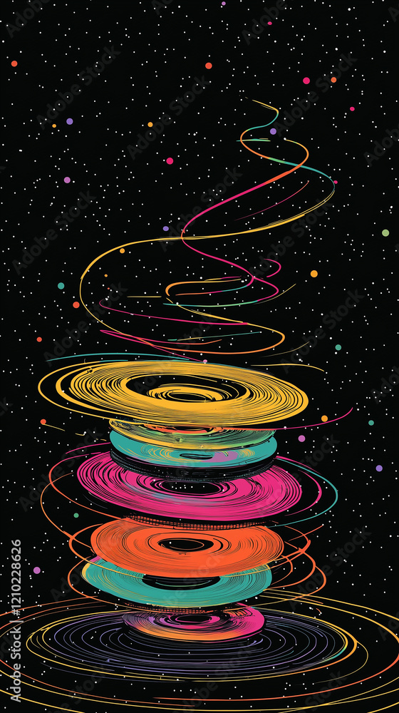 Poster colorful swirling patterns create a vibrant cosmic scene on a black background, evoking a sense of d