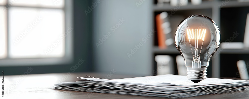 Poster a lit light bulb sits atop a stack of papers, creating a warm glow in a modern workspace filled with