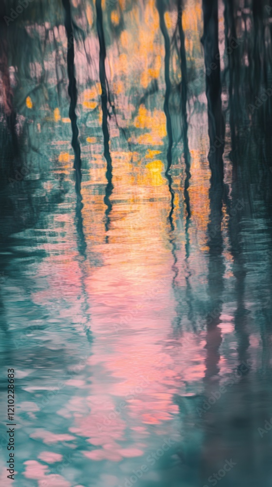 Poster reflections of pink and yellow hues in serene waters during twilight hours in a tranquil natural set
