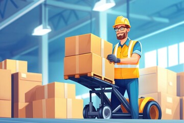 Colorful cartoon workers using high-tech systems to manage inventory in a modern warehouse animated style bright environment dynamic viewpoint