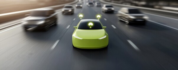Fototapeta premium A sleek, green autonomous vehicle navigates a busy highway, highlighting advancements in technology and sustainable transportation.
