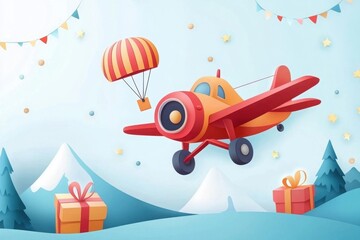 Cute cartoon airplane flying over colorful mountains with presents and parachute whimsical animation joyful landscape playful perspective