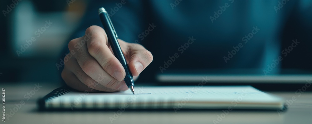 Poster a person writes in a notebook using a pen, capturing thoughts or ideas in a calm, focused environmen