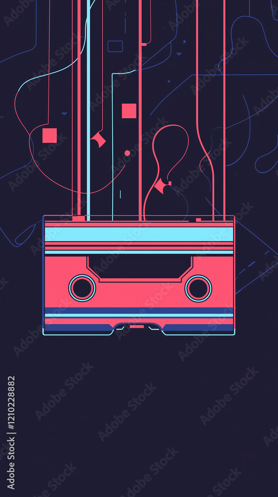 Poster a colorful retro cassette tape design with abstract shapes and lines in a dark background, evoking n
