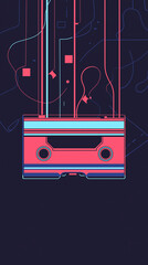 A colorful retro cassette tape design with abstract shapes and lines in a dark background, evoking nostalgia for vintage music culture.