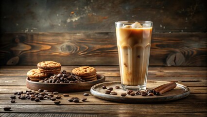 Refreshing Iced Coffee with Sweet Treats and Coffee Beans on Rustic Wooden Table