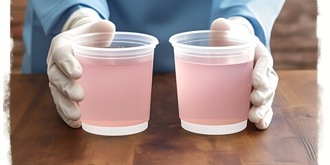 Gloved hands hold two cups of pink liquid.