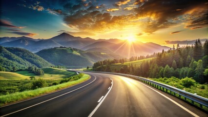 Asphalt road curving through a scenic mountain landscape at sunset
