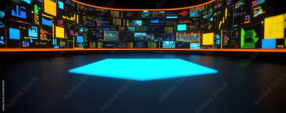 Poster a high-tech studio with vibrant screens displaying data, illuminated by neon colors, creating a futu