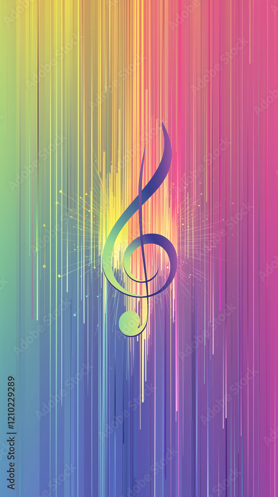 Poster colorful abstract design featuring a treble clef with vibrant vertical lines and splashes of color.