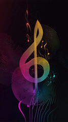 Vibrant musical note illustration with colorful wave patterns on a dark background, symbolizing creativity and rhythm.