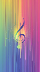 Colorful abstract design featuring a treble clef with vibrant vertical lines and splashes of color.