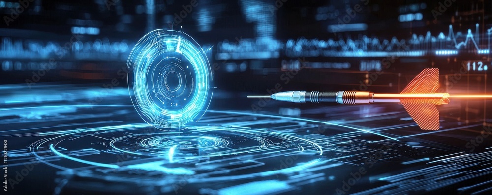 Poster a futuristic digital interface featuring a glowing target and a dart, illustrating precision and tec