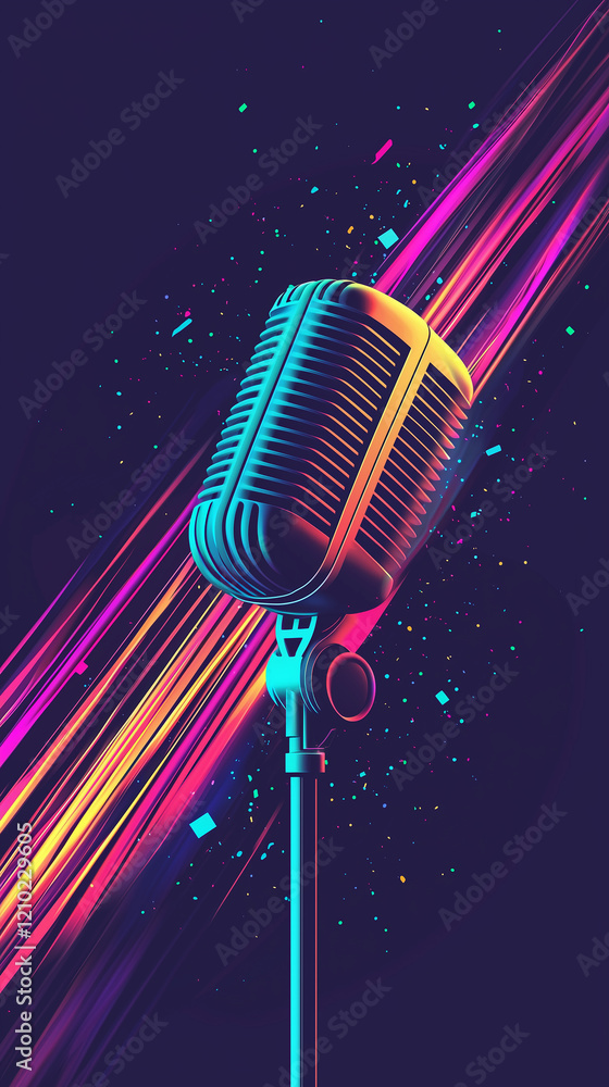 Poster vibrant microphone against a dark background, highlighted with dynamic colorful streaks and splashes