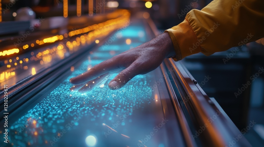 Poster engineer's hand gliding over a futuristic interactive control panel, illuminating glowing blue data 