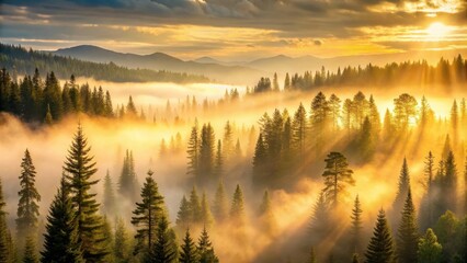 Obraz premium Golden Sunrise Illuminates Misty Evergreen Forest on Mountain Slopes