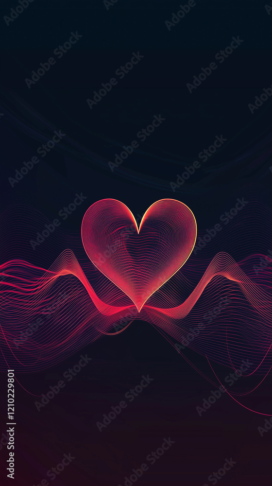 Poster abstract digital art featuring a glowing heart shape surrounded by flowing lines on a dark backgroun