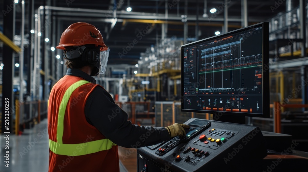 Aufkleber industrial engineer wearing safety equipment operates a control panel with computer and digital inte