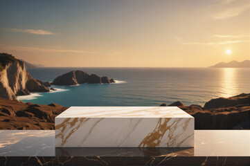 Empty marble podium displaying product on cliff with ocean view at sunset