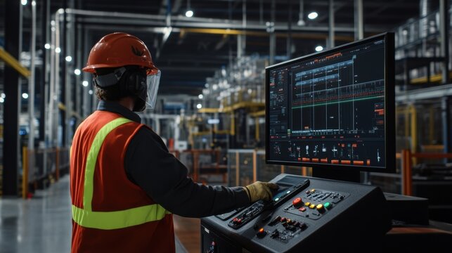 Industrial engineer wearing safety equipment operates a control panel with computer and digital interface, managing machinery and production processes within a modern factory setting