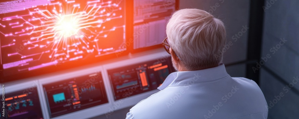 Poster a person in a lab coat observes a glowing screen filled with intricate digital patterns, suggesting 