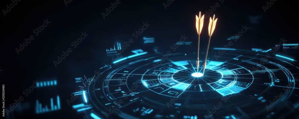 Poster a futuristic digital interface with glowing blue patterns and bursts of light emerging from a centra