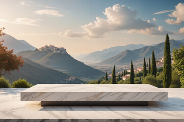 Empty marble top platform displaying beautiful mountain view with medieval village