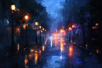 Fototapeta premium A calm city street with bright lamps illuminating the rain-soaked tarmac. Generative Ai