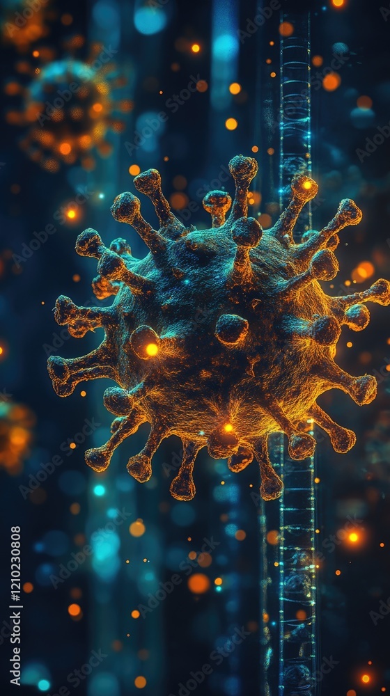 Aufkleber glowing virus particle microscopic view: detailed 3d render of intricate viral structure with vibran