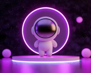 Fototapeta premium A cute astronaut stands in a cosmic setting with glowing neon elements.