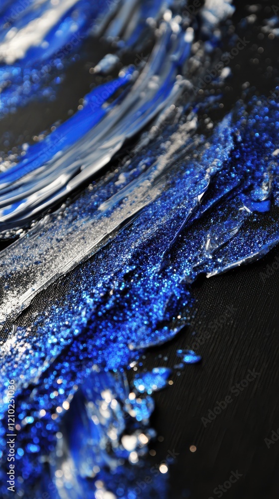 Poster cobalt blue and icy silver sparkles create a mesmerizing abstract art piece on a dark canvas