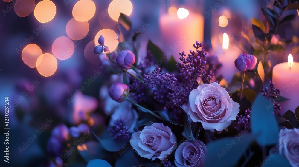 Aufkleber Warm glow of deep plum and soft lilac bokeh lights illuminating a floral arrangement with candles in a serene setting