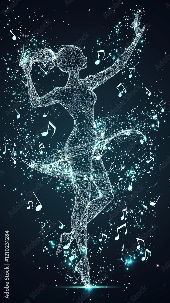 Poster a luminous dancer figure composed of sparkling particles, surrounded by floating musical notes again