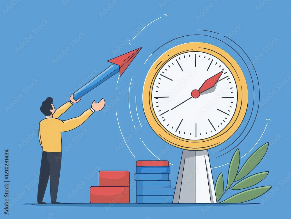 Poster a person points a pencil-like object towards a clock, symbolizing time management and productivity a