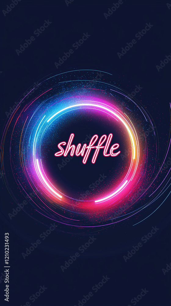 Poster a vibrant circular design featuring the shuffle button illuminated with colorful lights against a da