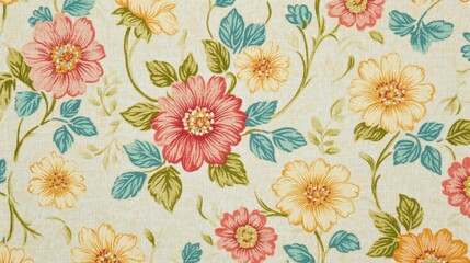 Elegant Floral Fabric Texture Vintage Bloom Pattern Soft Cream Background Peach Yellow Teal Flowers
