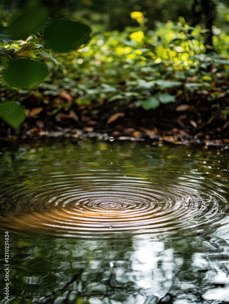 Poster close-up of a water droplet falling into a serene forest pond, creating ripples in the calm water su