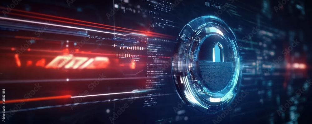 Poster a futuristic digital interface featuring glowing elements, data streams, and a circular security sym