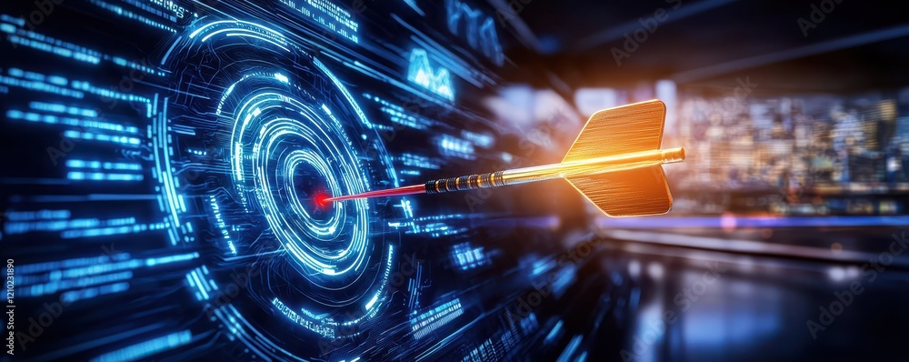Poster a digital dart hits a high-tech target, symbolizing precision and accuracy in a futuristic environme