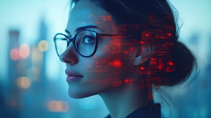 Woman, city, night, code, data, future, tech, overlay, thinking, profile