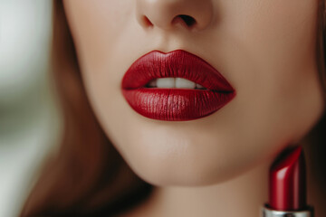 Fototapeta premium A woman with red lipstick is shown with a red lipstick in her mouth