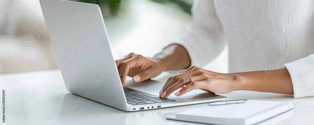 Poster a person types on a laptop while sitting at a desk, surrounded by a clean workspace with a notepad, 