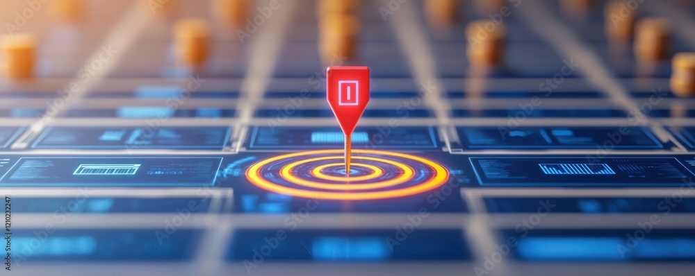 Poster a red location pin hovers over concentric circles on a digital interface, symbolizing navigation or 