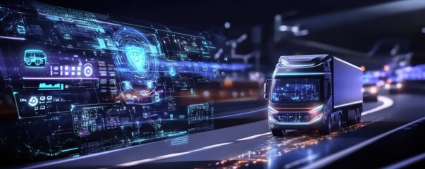 Obraz premium A futuristic truck navigates a digital highway, surrounded by holographic data and technology, symbolizing innovation in transportation.
