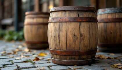 Three wooden barrels stand on a cobblestone surface with fallen leaves visible