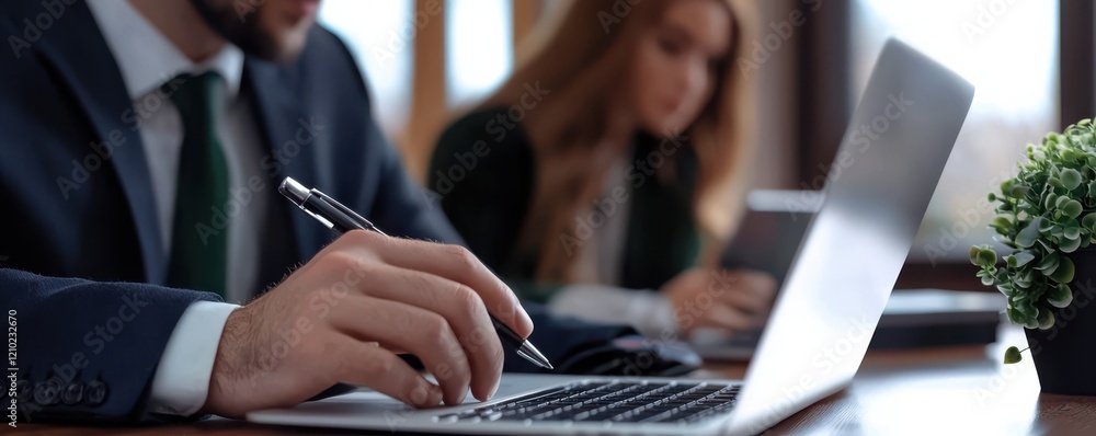 Poster a professional setting featuring a person taking notes with a pen while using a laptop, with another