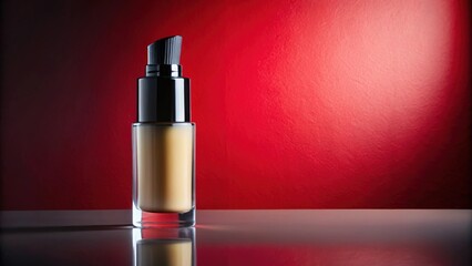 Elegant Liquid Foundation Bottle Against Vibrant Red Background