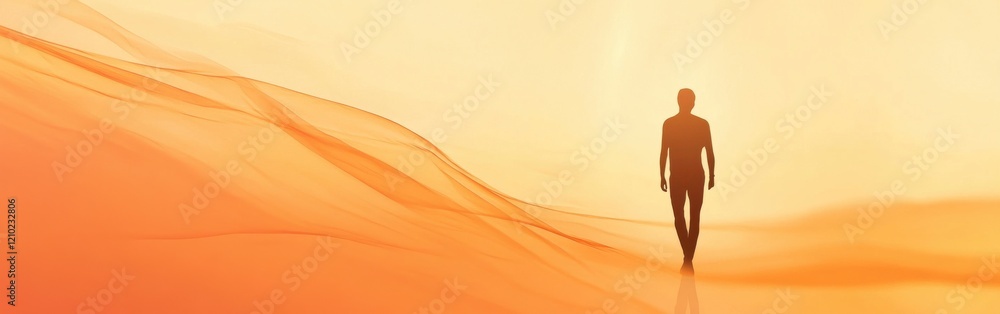 Poster silhouette of a person walking through an abstract landscape at sunset with warm tones and flowing s