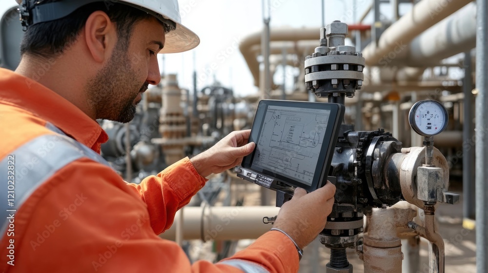 Poster engineer in safety workwear and helmet uses a digital tablet to monitor pipeline operations at a ref